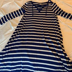 NWOT Old Navy Swing Dress Lace up Neck Navy and White Striped Medium Tall